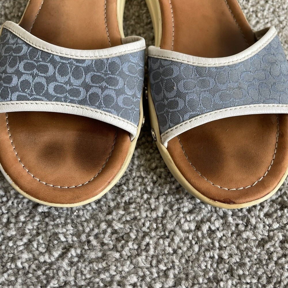 Coach Augusta Slides Womens Size 8 M Blue  Flat Sandals Leather Canvas Monogram - Picture 5 of 11
